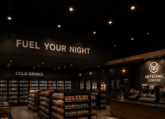 NiteOwl interior with cold drinks and snack aisles