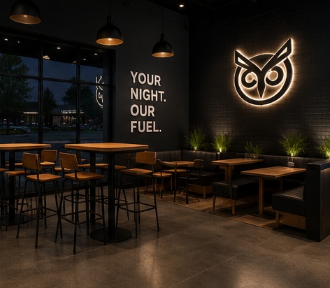 Seating area with illuminated NiteOwl mark