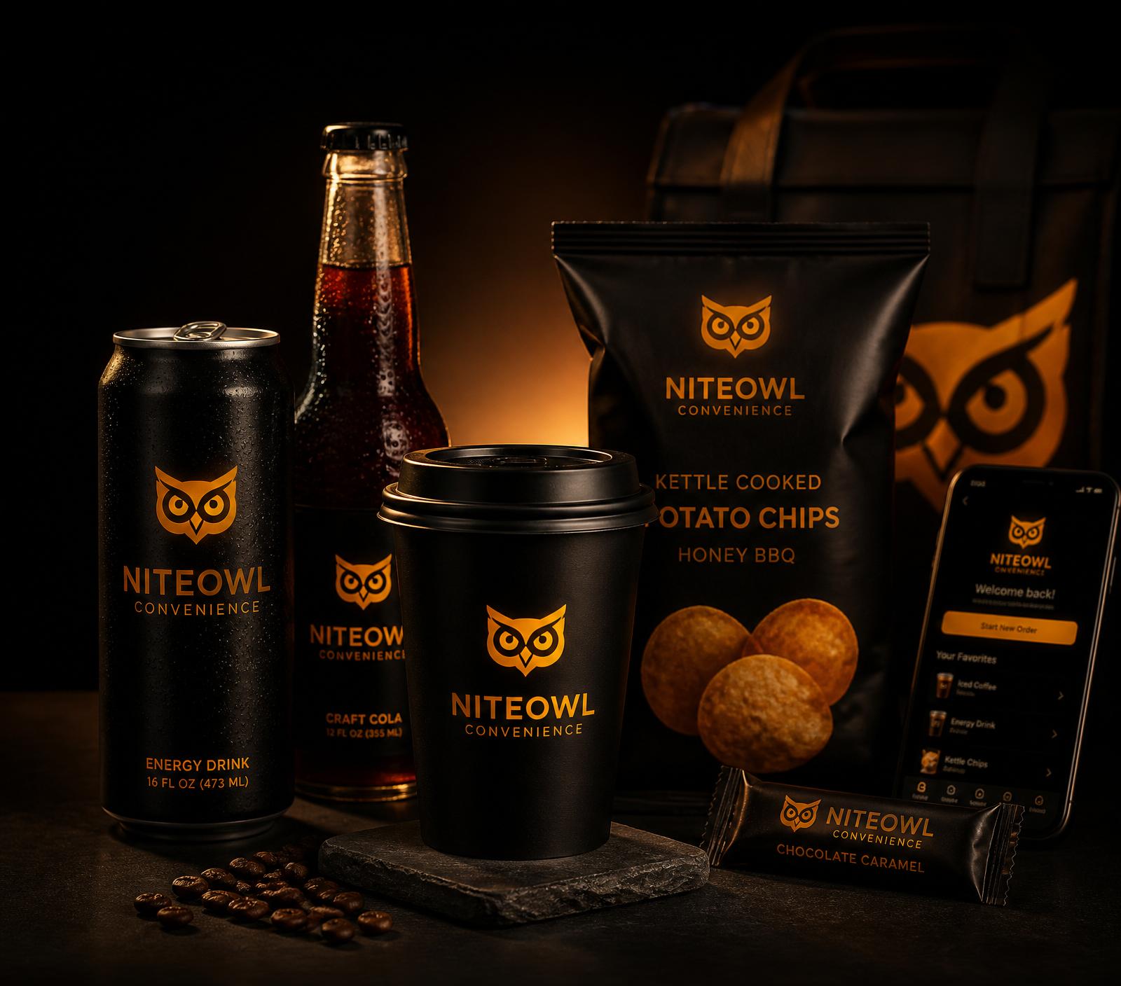 NiteOwl branded coffee cup, energy drink, cola bottle, chips, candy bar and delivery bag arranged as a premium editorial still life